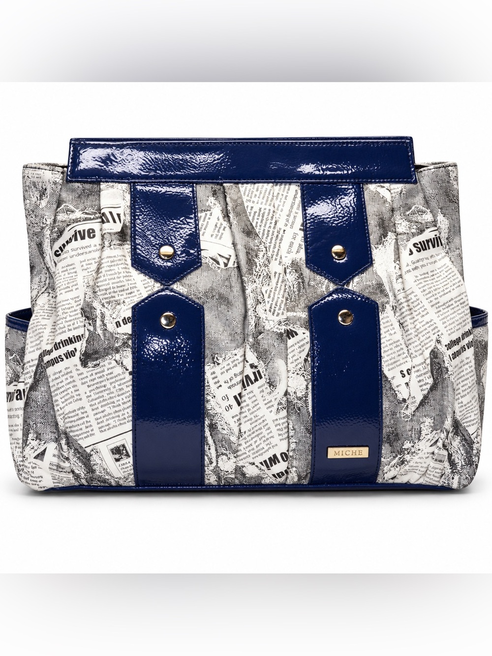 MICHE Cindra Prima Newspaper Zodiac Print Gloss Navy Statement Luxe Purse Clutch